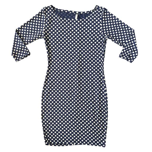 BZR Navy Polka Dot Bodycon Dress Women’s Size L 3/4 Sleeve Stretch - Picture 1 of 7